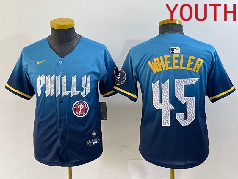 Youth Philadelphia Phillies 45 Wheeler Blue City Edition Nike 2024 MLB Jersey style 5